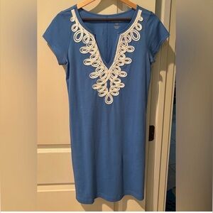 Lilly Pulitzer Blue Pima Cotton Midi Dress White Embroidered Neckline